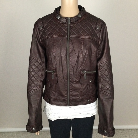 Large Women’s BLANC NOIR Brown Faux Leather Bomber Jacket with Texturized Deta… - Picture 2 of 15